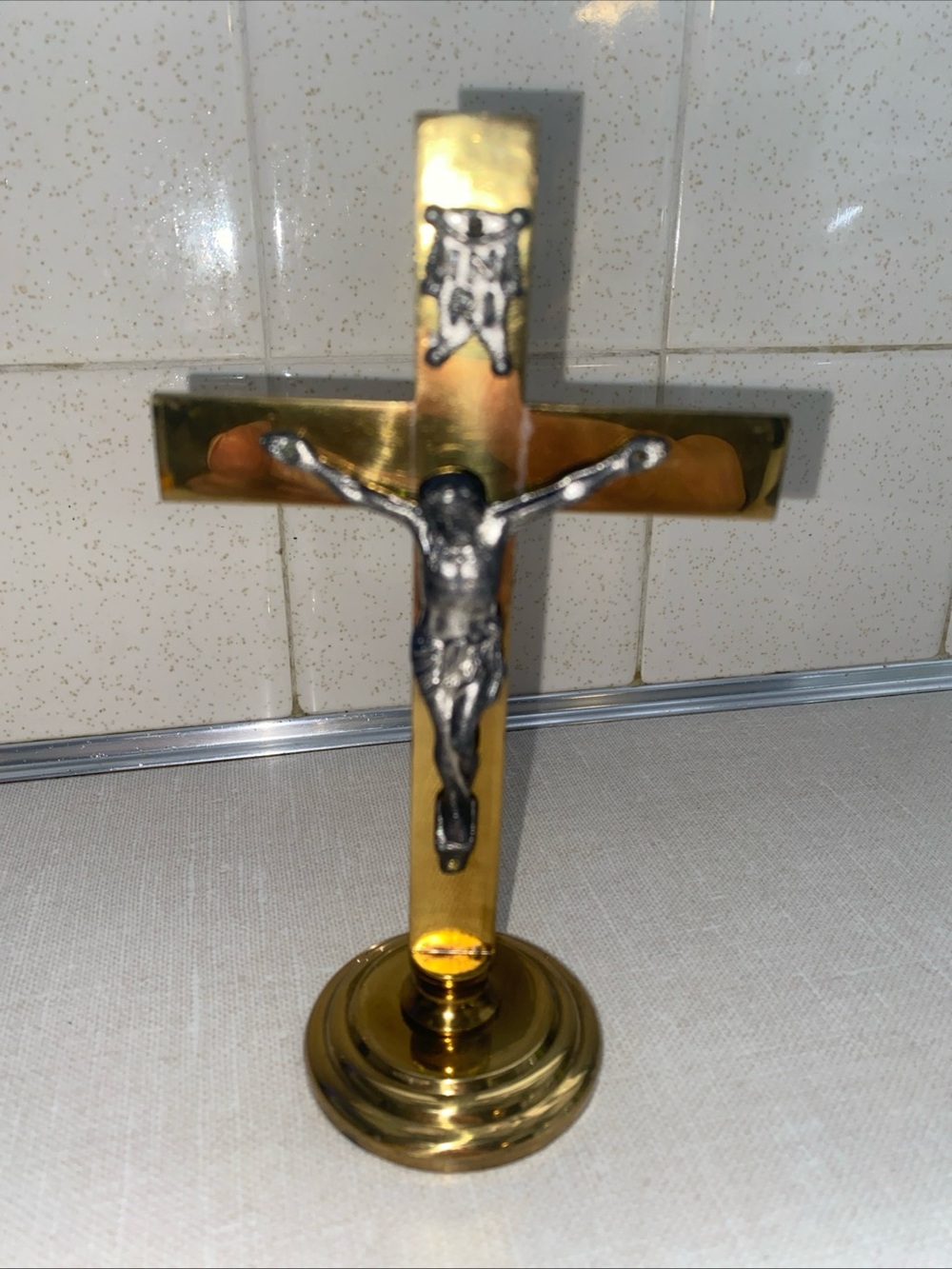 Brass Altar Cross Standing Crucifix Jesus INRI Vintage Religious